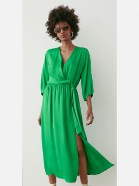 Zara Emerald Green Wrap-Style Midi Dress